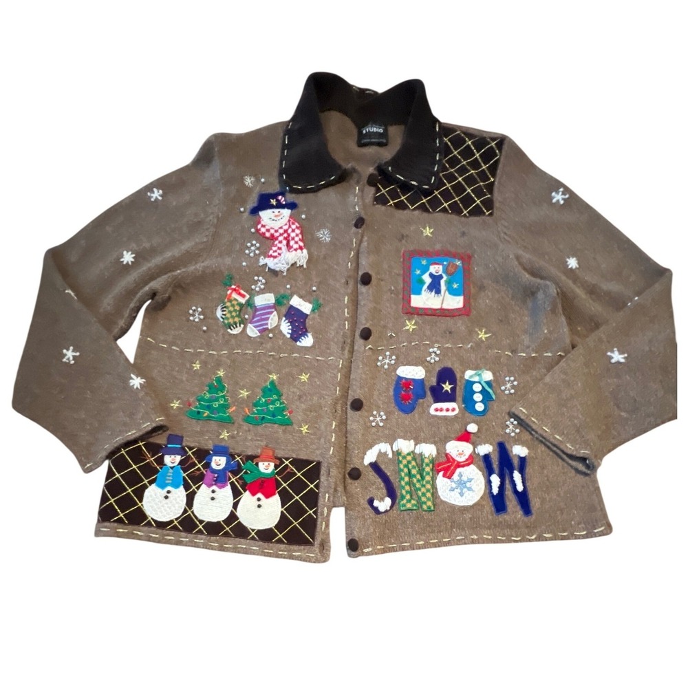 Studio Joy Ugly Christmas Sweater Brown Snowman Button Front‎ Cardigan